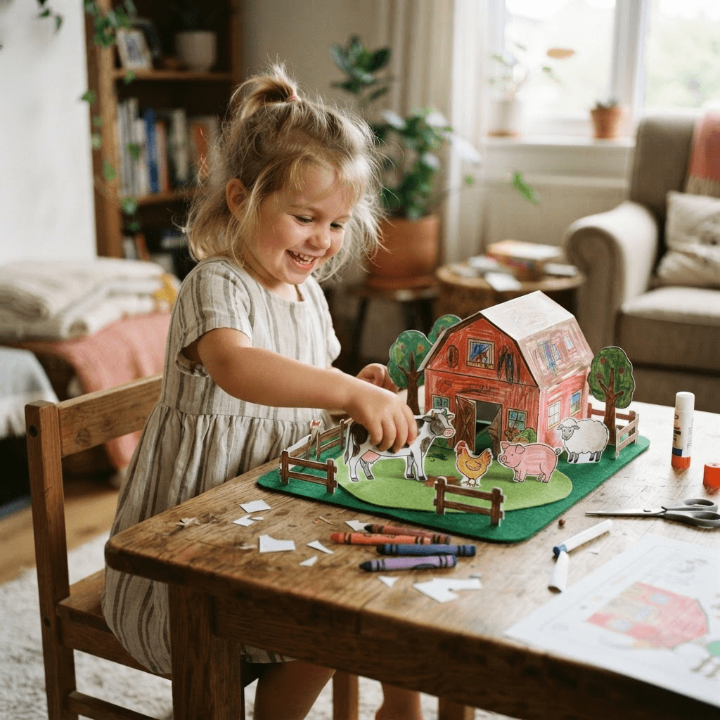 Niño jugando con una granja hecha de papel