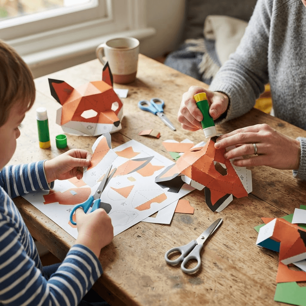 Manos montando un molde de animal con papel